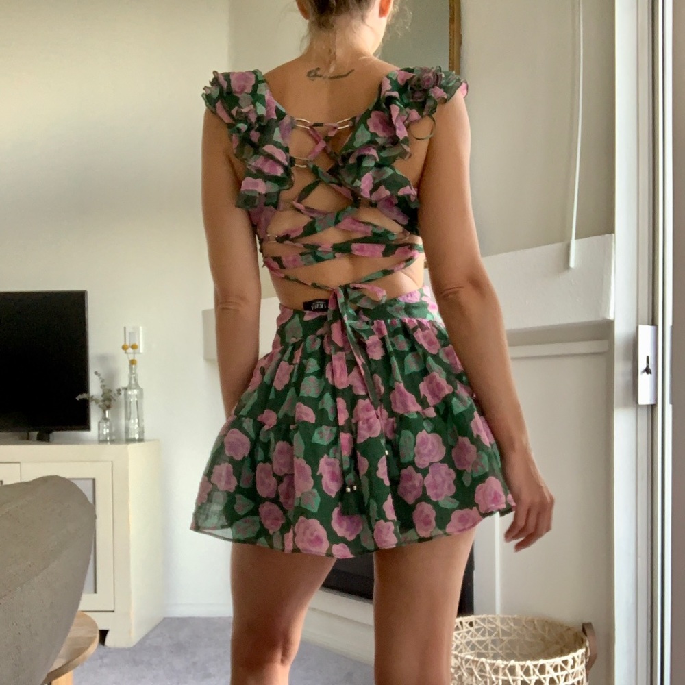 Green and Pink Floral Ruffle Mini Festival Dress